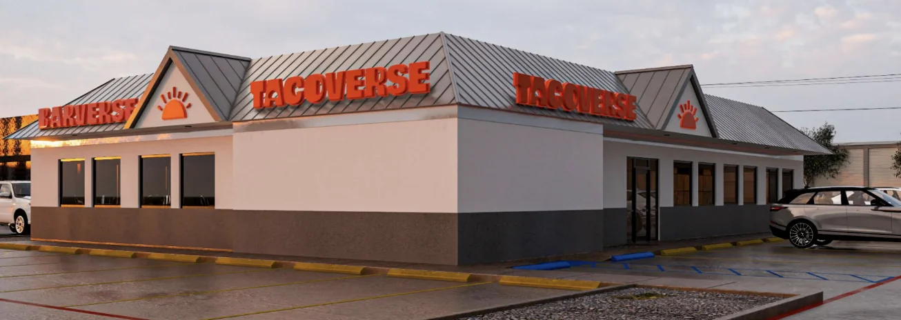 Architectural rendering of the Tacoverse and Barverse building exterior — both brand signs over one shared storefront